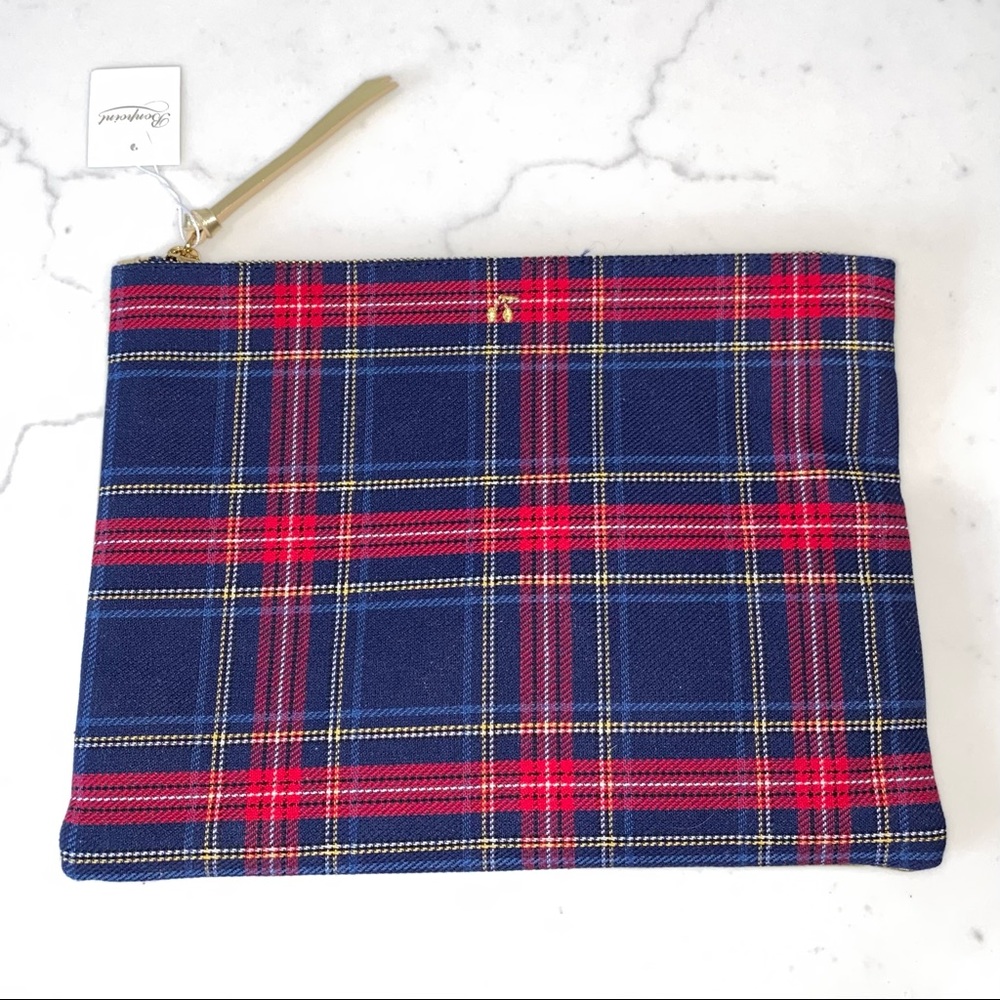Bonpoint women’s tartan plaid gold leather zippered clutch